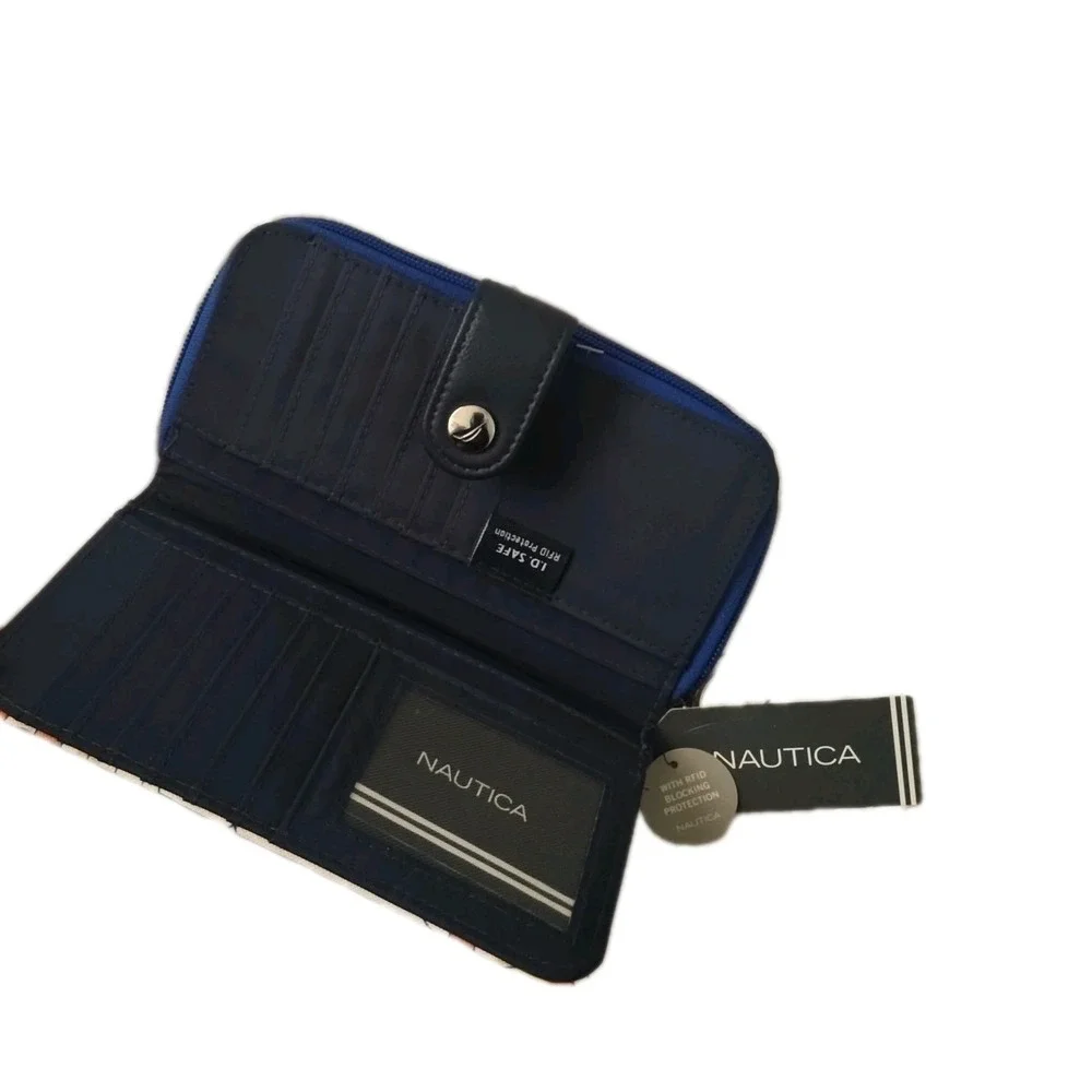 Nautica Zip Around Wallet Geometric Print Colorful Logo I.D Safe RFID Protection